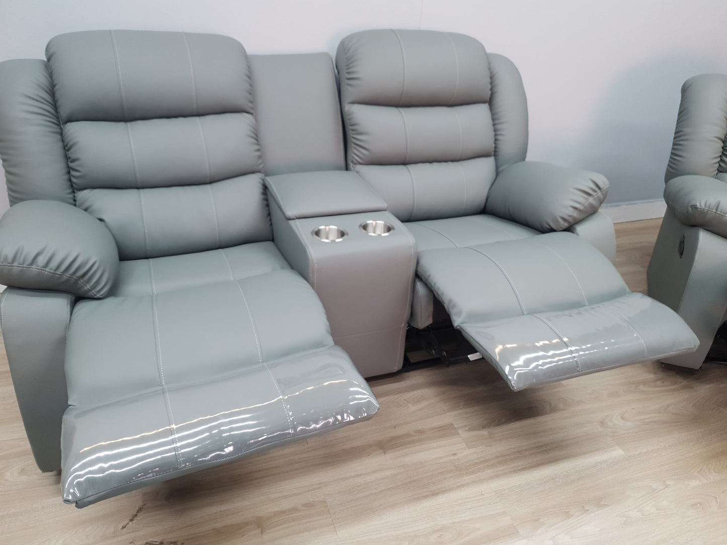 Light Grey Full Euro Leather Recliner Lounge Set.