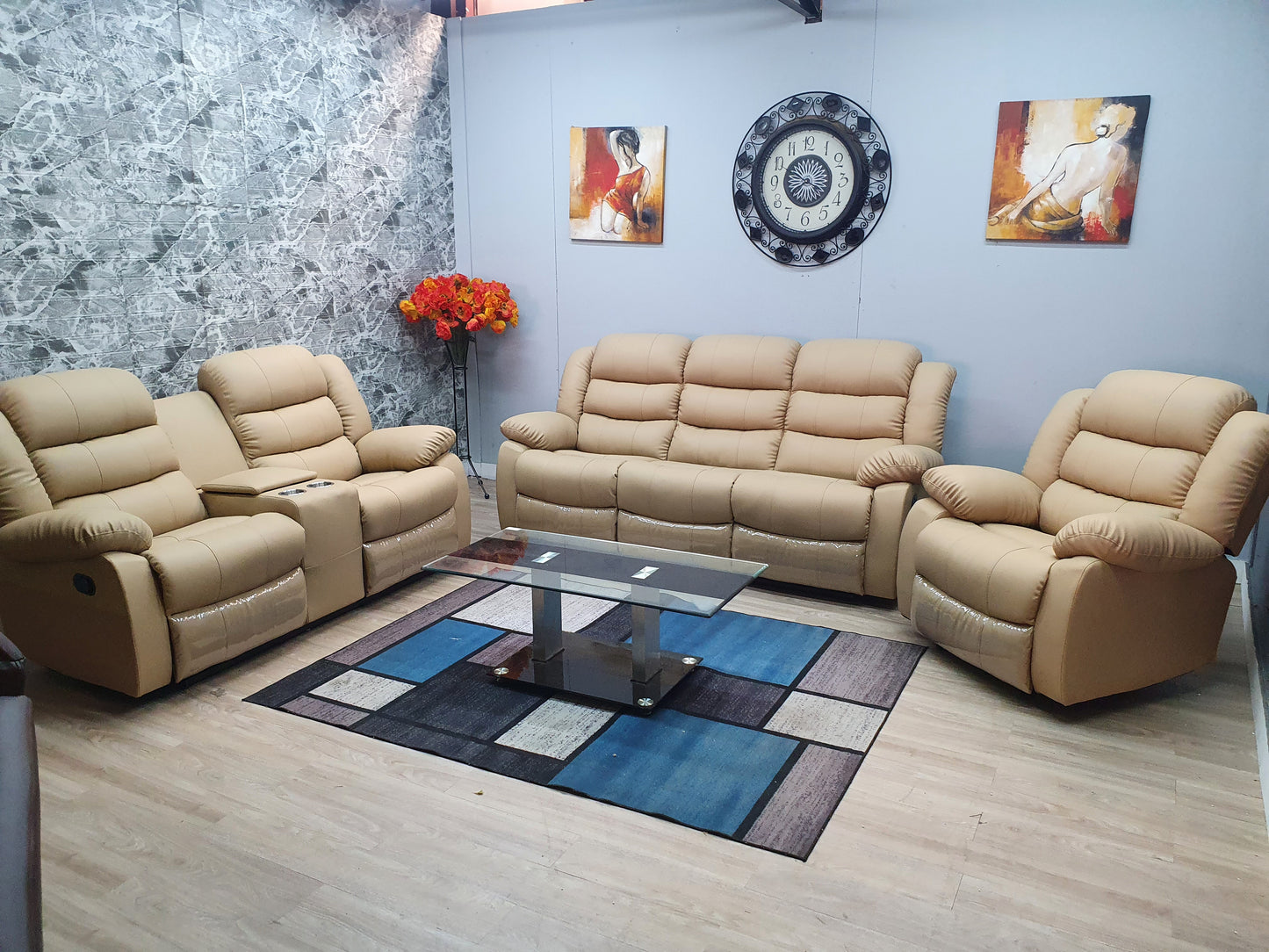 Light Grey 5 Seater 5 Action Full Euro Leather Recliner Lounge Set.