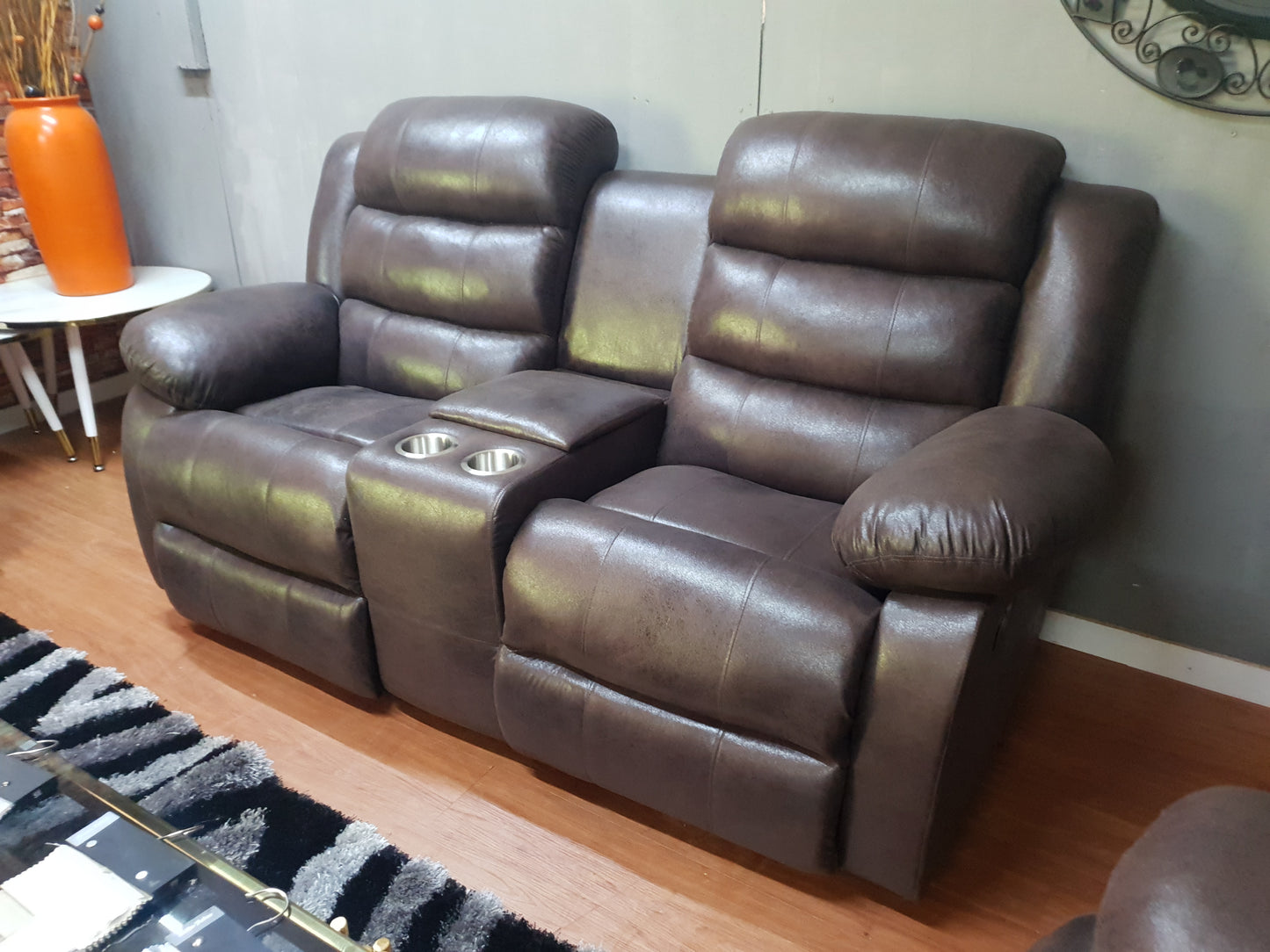 Dark Brown Buffalo Suede Material Two Seater Recliner Couch Sofa Electric