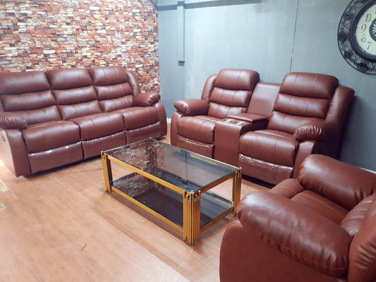 Cinnamon Brown Full Euro Leather 6 Seater Recliner Chair Sofa Set