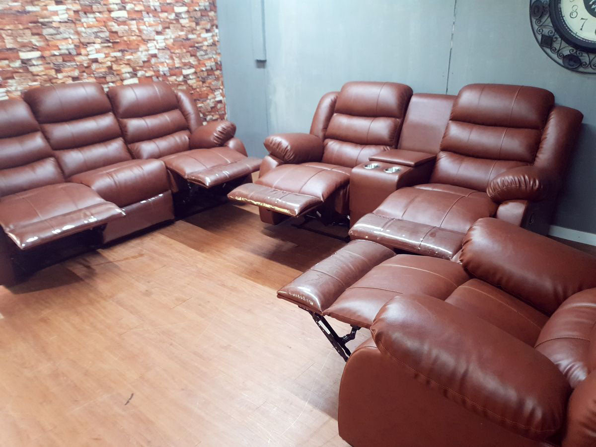 Cinnamon Brown Full Euro Leather 6 Seater Recliner Chair Sofa Set