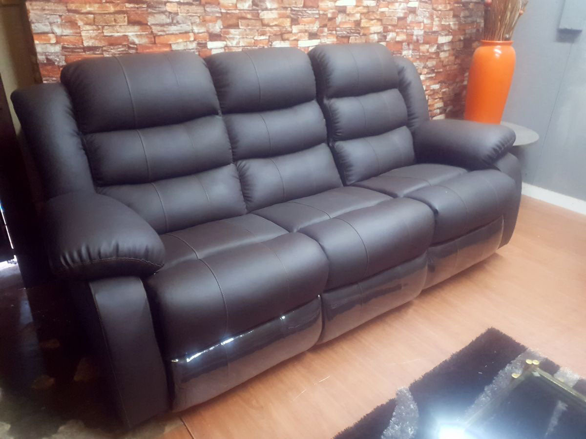 Dark Brown Full Euro Leather 3 Seater Recliner Sofa Couch